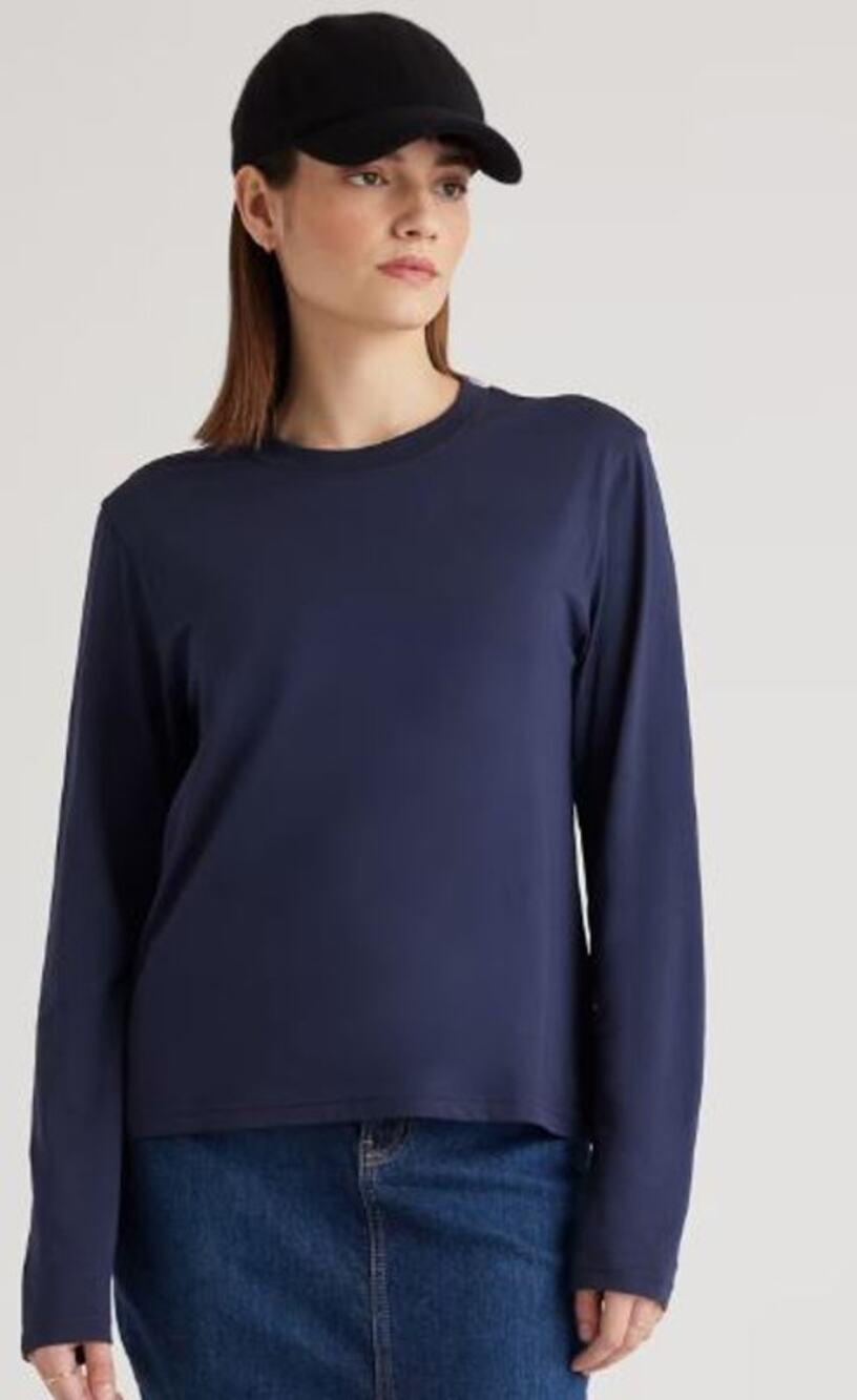 Quince Womens Medium Cotton Modal Relaxed Long Sleeve Tee Navy Blue Pullover